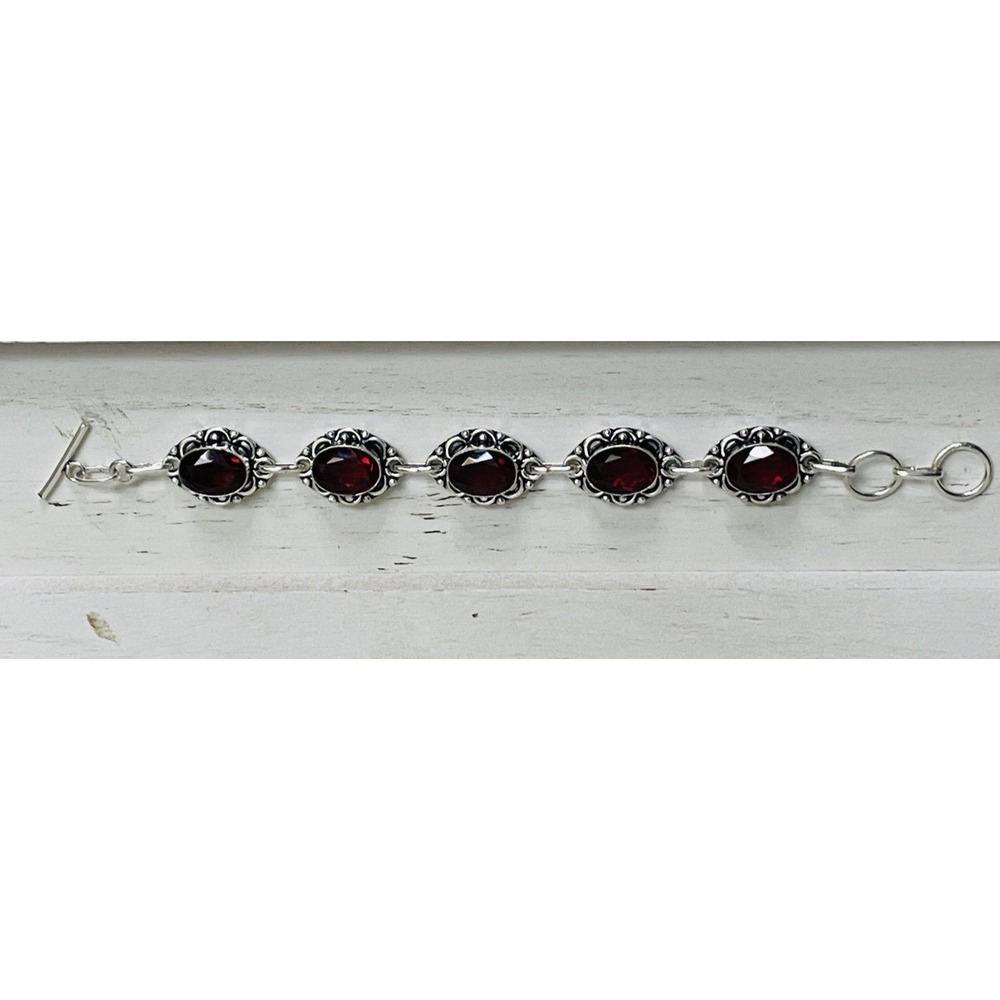 Sterling Silver Bracelet with Faceted Red Cabochons Adjustable 6.5 to 7" - Picture 2 of 9